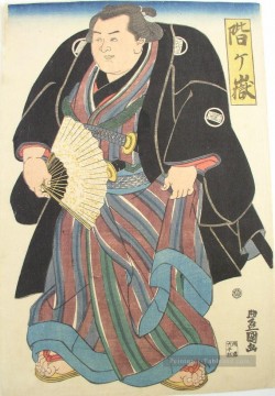 Sumo wrester en bleu brun rayé underkimono Utagawa Toyokuni japonais Peinture à l'huile